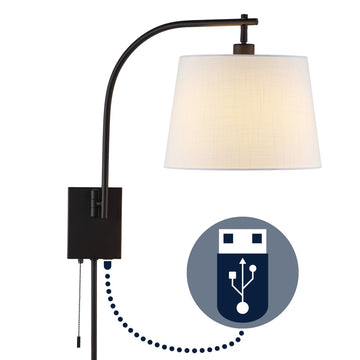 Gosling 22.5" Mid-Century Modern Plug-In or Hardwired Iron LED Gooseneck Swing Arm Wall Sconce with Pull-Chain and USB Charging Port - JONATHAN Y